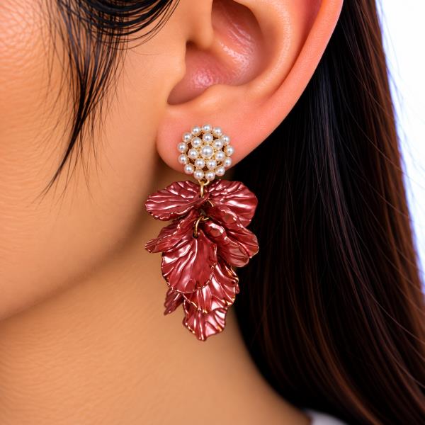 METAL PEARL CLUSTER CASCADING LEAF DROP EARRING
