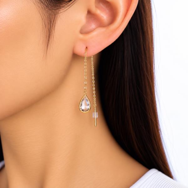 BRASS CRYSTAL STONE TEARDROP THREADER DANGLE EARRING