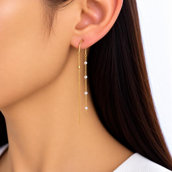 BRASS PEARL BEAD DOUBLE CHAIN DROP EARRING