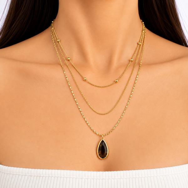 Metal Bead Station Teardrop Crystal Layer Necklace