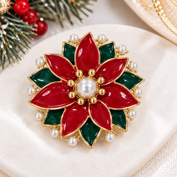 PEARL ENAMEL CHRISTMAS POINSETTIA FLOWER BROOCH