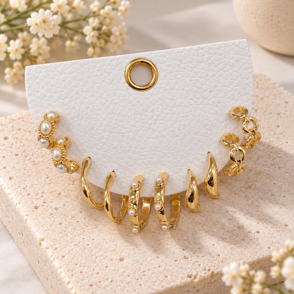 METAL PEARL CLUSTER STUD LINK PUFFY HOOP EARRING 5 PAIR SET