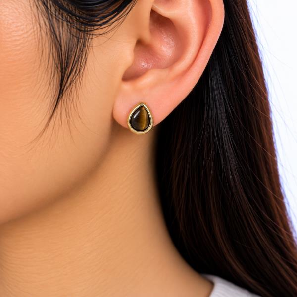 BRASS SEMI PRECIOUS STONE TEARDROP STUD EARRING