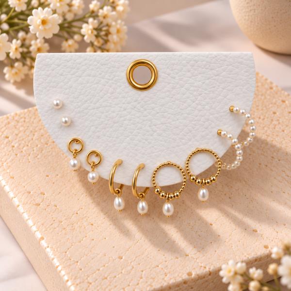 PEARL STUD DANGLE HOOP EARRING 5 PAIR SET