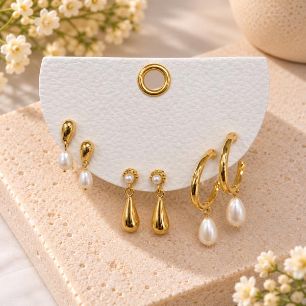 METAL PEARL TEARDROP DANGLE HOOP EARRING 3 PAIR SET