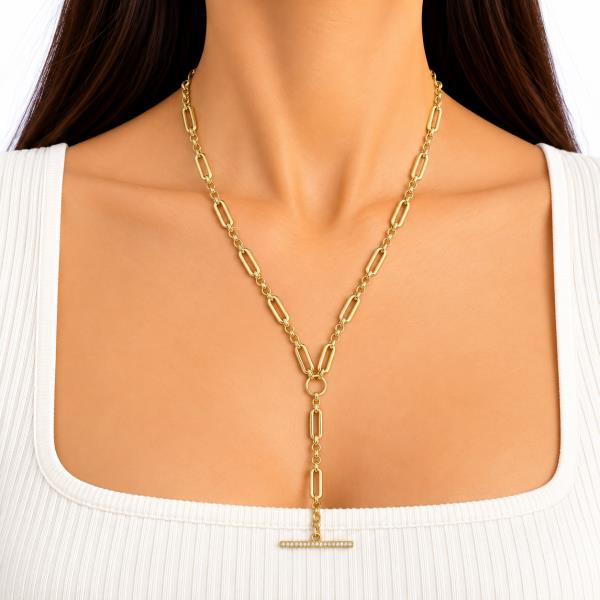 Metal Rhinestone T Bar Paperclip Chain Y Necklace