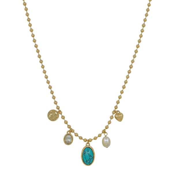 Dot Chain Multi Charms Oval Stone Short Necklace