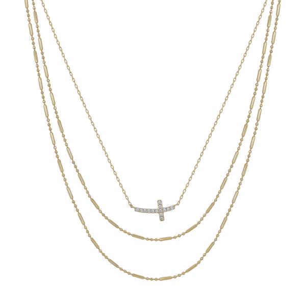 Rhinestone Cross Triple Layer Chain Necklace