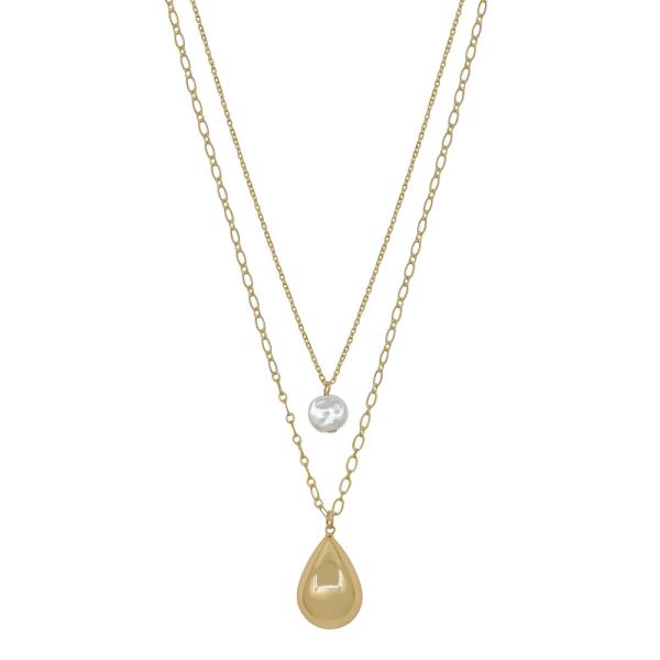 Layered 8mm Coin Pearl Teardrop Pendant Necklace