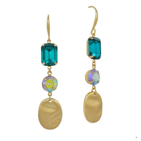 RECTANGULAR & ROUND STONE METAL ACCENT 3 DROP EARRINGS