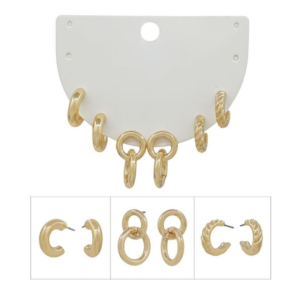 METAL WATER-RESISTANT PUFFY TWIST LINK HOOP EARRING 3 PAIR SET