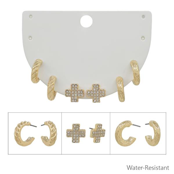 3 SET CROSS PAVE STUD, TEXTURED METAL HOOP EARRINGS