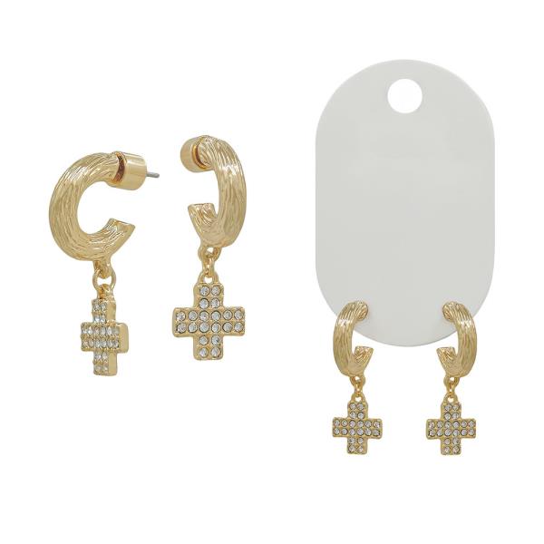 MINI TEXTURED HOOP CROSS PAVE DROP EARRINGS