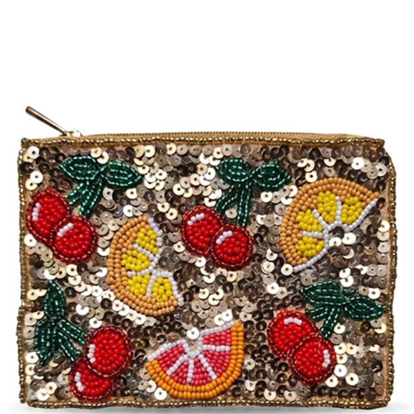 SEED BEAD SEQUIN CHERRIES AND ORANGES COIN PURSE BAG