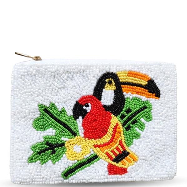 SEED BEAD TROPICAL AND EXOTIC BIRDS COIN PURSE BAG