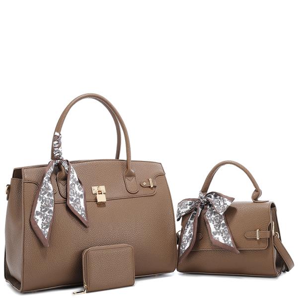 3IN1 CLASSIC TEXTURED HANDLE SATCHEL W MINI BAG AND WALLET SET