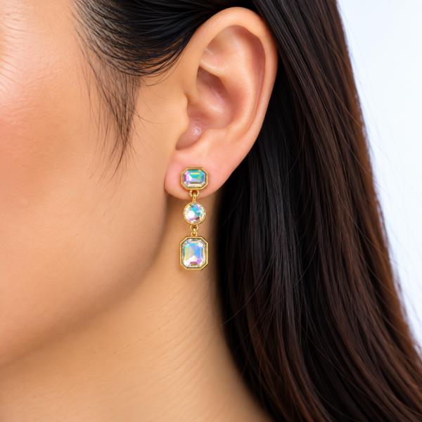 METAL FACETED CRYSTAL STONE GEOMETRIC TRIPLE DROP EARRING