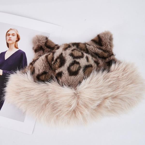 LEOPARD PRINT CAT EAR FLUFFY BRIM HAT
