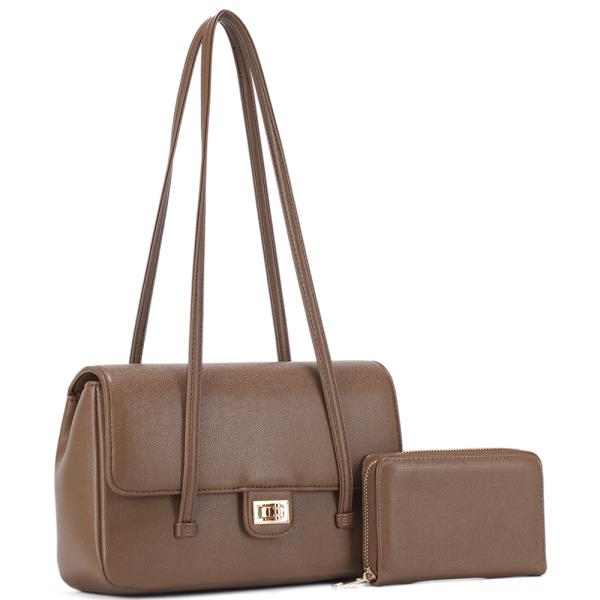 2IN1 TEXTURED TWIST LOCK FLAP SHOULDER BAG W WALLET SET