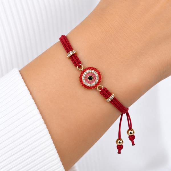 RHINESTONE ROUND EVIL EYE KNOTTED CORD ADJUSTABLE BRACELET