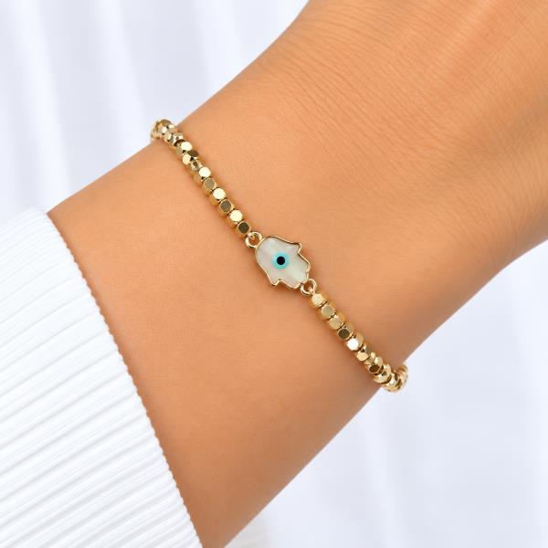 METAL FACETED BEAD HAMSA EVIL EYE STRETCH BRACELET