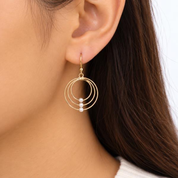 Pearl Bead Triple Circle Dangle Earring