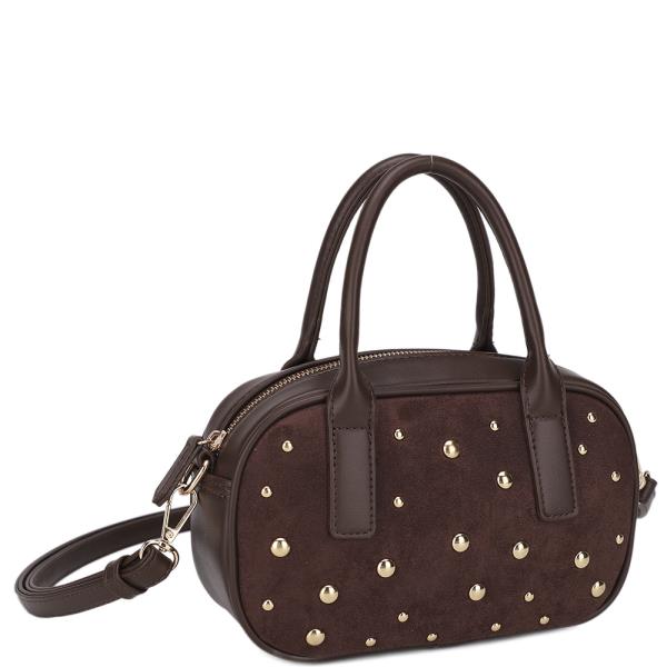 CHIC STUDDED TEXTURE HANDLE SATCHEL BAG