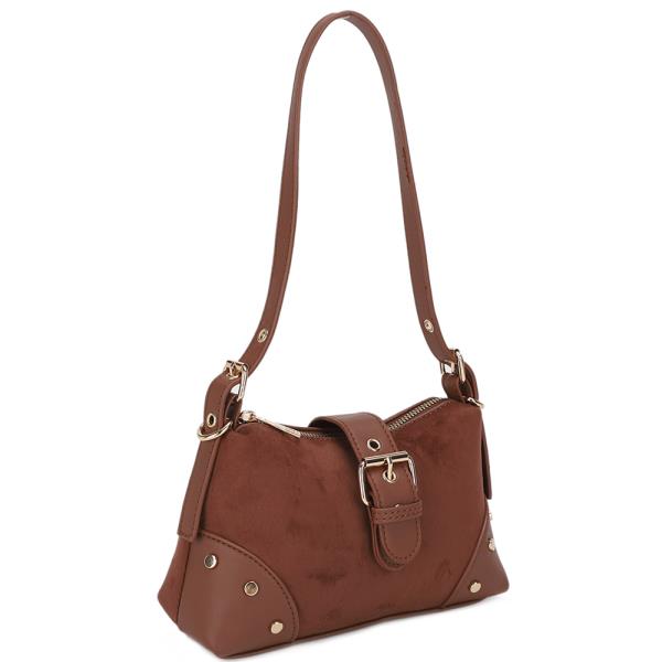 TEXTURED BUCKLE STUD DESIGN ZIPPER SHOULDER BAG