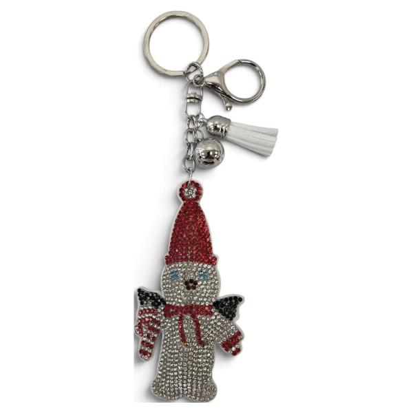 RHINESTONE CHRISTMAS CANDY CANE SNOWMAN KEYCHAIN WITH TASSEL
