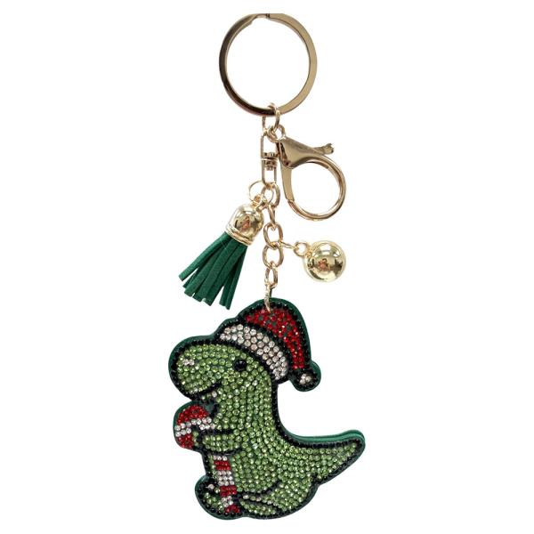 RHINESTONE CHRISTMAS SANTA HAT DINOSAUR KEYCHAIN WITH TASSEL