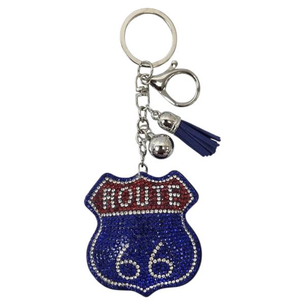 RHINESTONE ROUTE 66 SHIELD KEYCHAIN WITH TASSEL