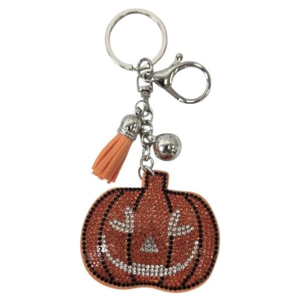 RHINESTONE HALLOWEEN JACK-O-LANTERN PUMPKIN KEYCHAIN WITH TASSEL