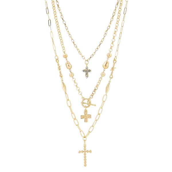 METAL RHINESTONE MULTI CHARM CROSS LAYERED CHAIN NECKLACE