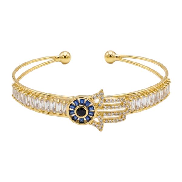RHINESTONE EVIL EYE HAMSA BAGUETTE CUFF BRACELET