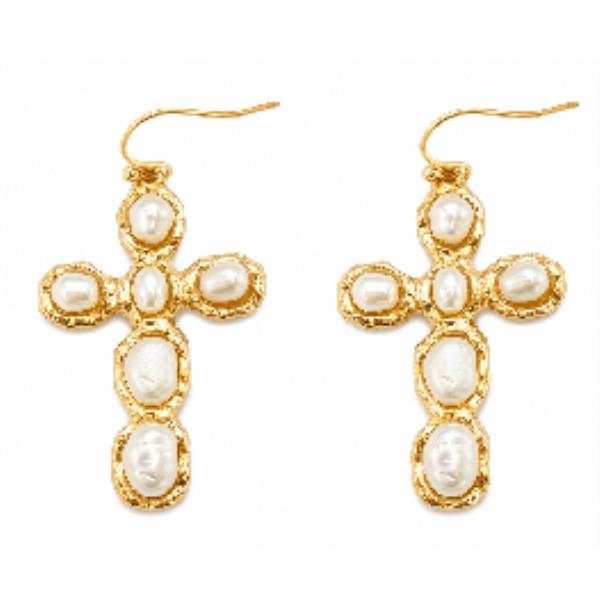 Metal Oval Pearl Cross Dangle Earring