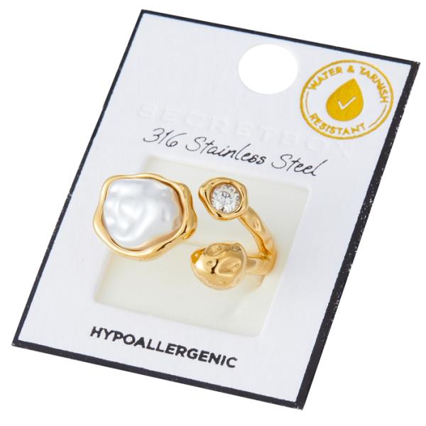 SECRET BOX Stainless Steel Pearl CZ Open Ring