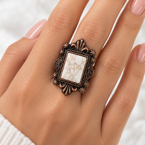 METAL WESTERN MARBLED RECTANGULAR CABOCHON ORNATE FRAME RING