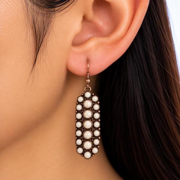 METAL WESTERN ROUND CABOCHON CLUSTER ELONGATED DANGLE EARRING