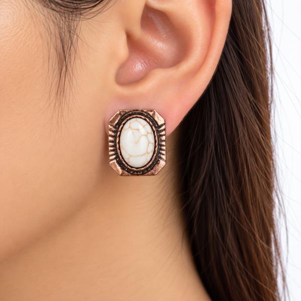 METAL WESTERN MARBLED OVAL CABOCHON ROPE EDGE STUD EARRING