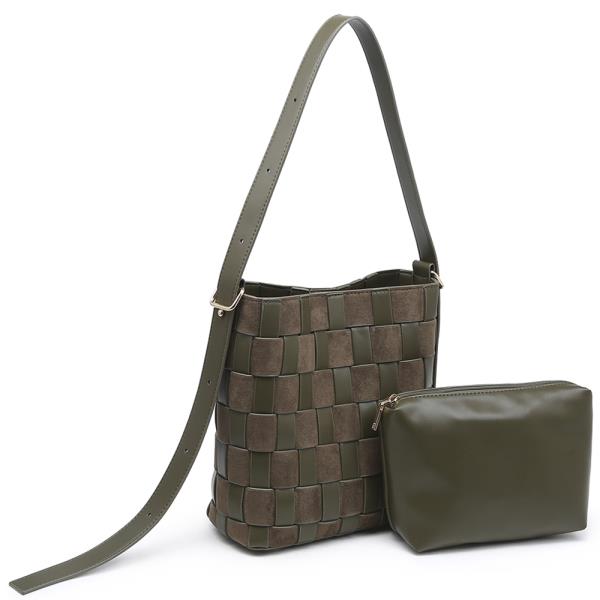 2IN1 WOVEN TEXTURED BUCKET SHOULDER BAG W ZIP POUCH SET