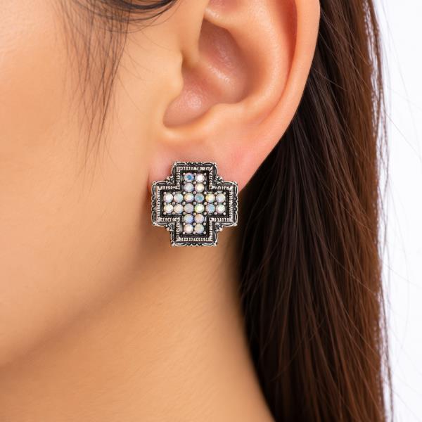 METAL RHINESTONE WESTERN CROSS STUD EARRING