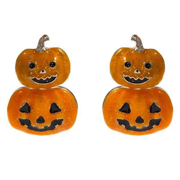 RHINESTONE GLITTER HALLOWEEN DOUBLE JACK O LANTERN PUMPKIN DANGLE EARRING