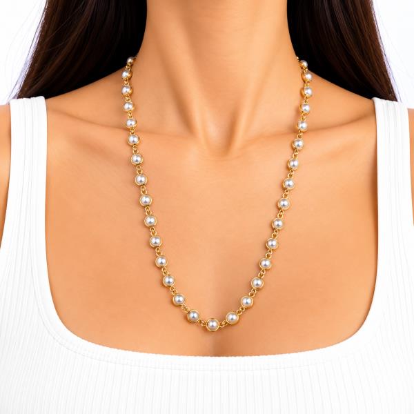 Metal Bezel Pearl Link Necklace