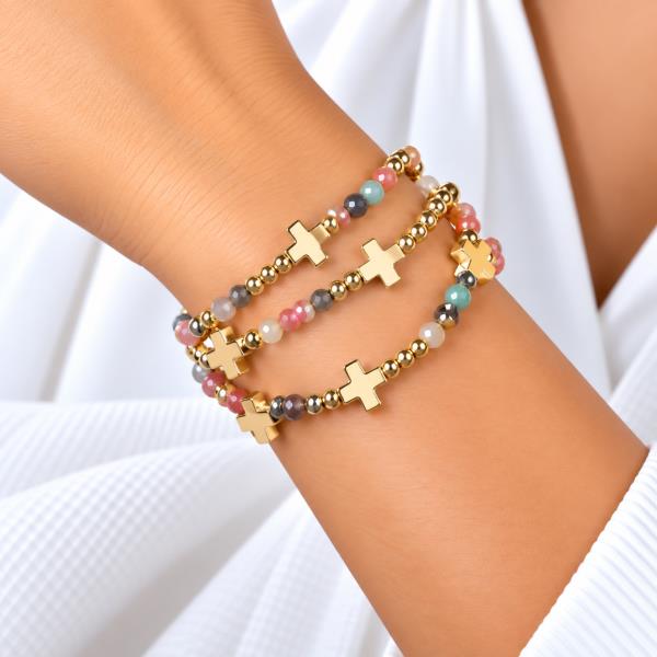 FACETED BEAD METAL CROSS MULTI ROW COIL BRACELET