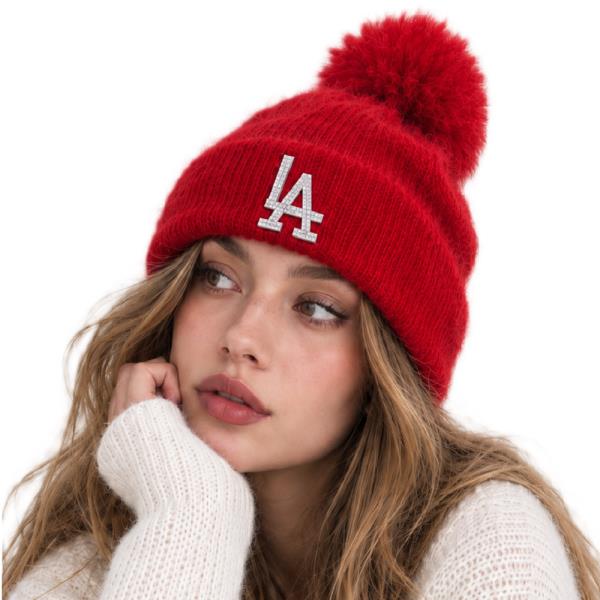 RHINESTONE LA LETTER POM POM CUFFED KNIT BEANIE HAT