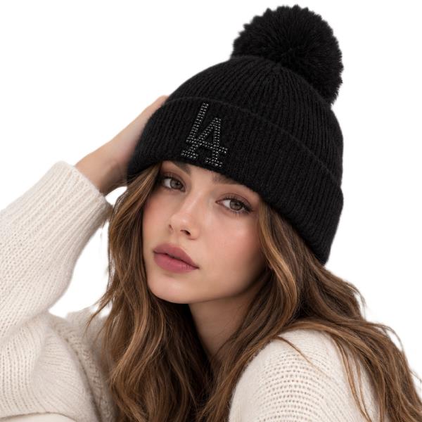RHINESTONE LA LETTER POM POM CUFFED KNIT BEANIE HAT