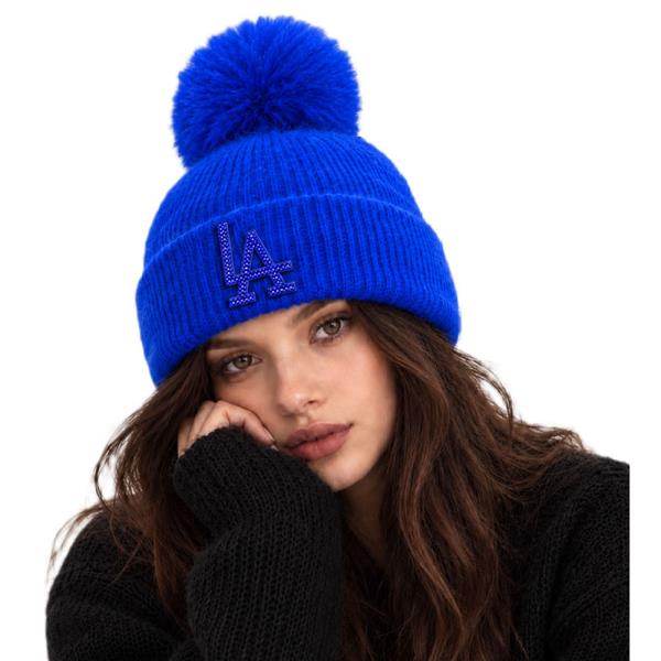 RHINESTONE LA LETTER POM POM CUFFED KNIT BEANIE HAT