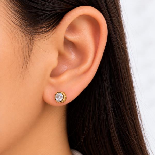 14K GOLD DIPPED CZ HYPOALLERGENIC BEADED EDGE ROUND STUD EARRING