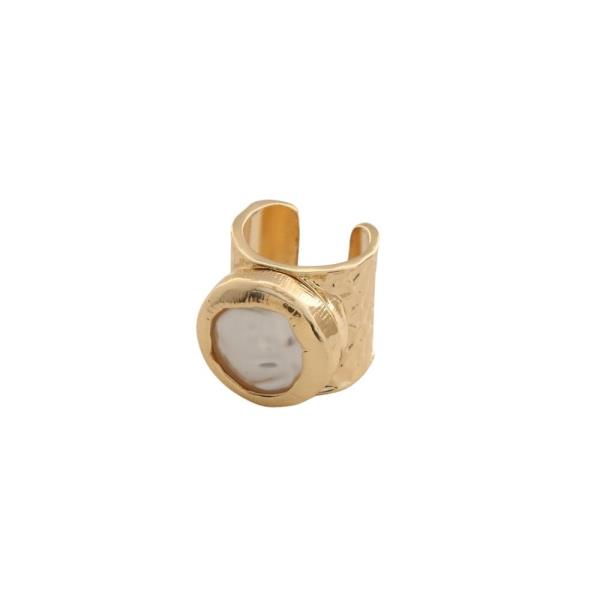 Hammered Metal Baroque Pearl Round Open Band Ring