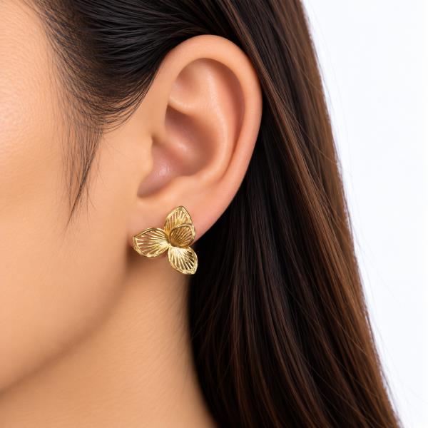 SODAJO GOLD DIPPED CZ OPENWORK THREE PETAL FLOWER STUD EARRING